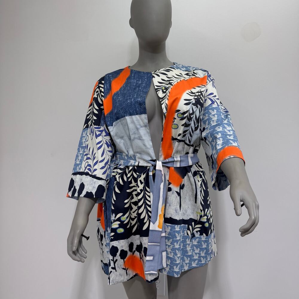 NWT Marina Rinaldi Cotton Reversible Jacket Belted US 16 Artsy Colorful Luxury